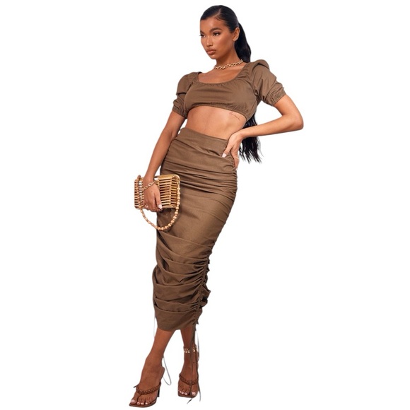 Khaki Woven Linen Look Extreme Ruched Tie Hem Midaxi Skirt - Picture 2 of 5